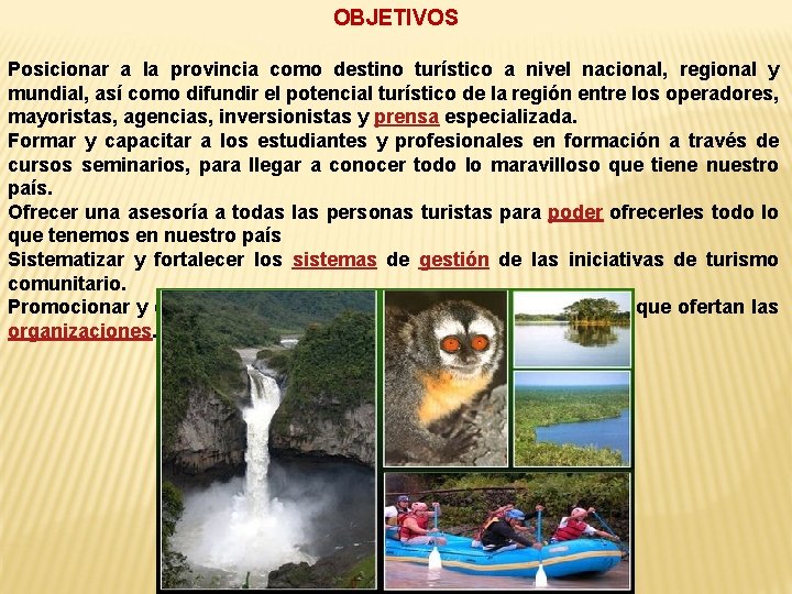 OBJETIVOS Posicionar a la provincia como destino turístico a nivel nacional, regional y mundial,