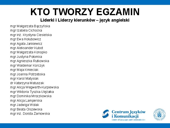 KTO TWORZY EGZAMIN Liderki i Liderzy kierunków – język angielski mgr Małgorzata Bączyńska mgr