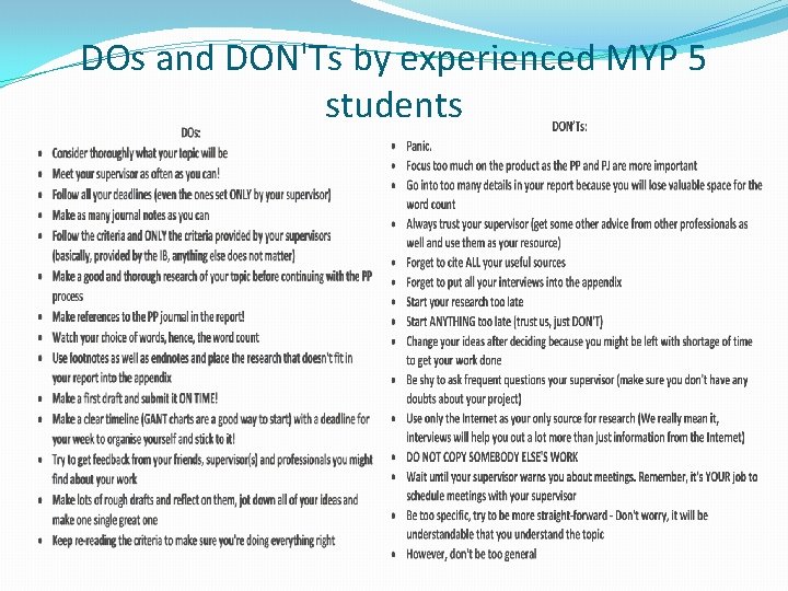 DOs and DON'Ts by experienced MYP 5 students 