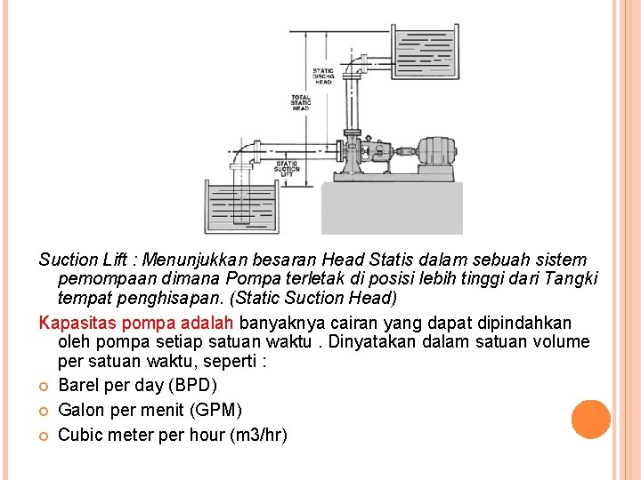 Suction Lift : Menunjukkan besaran Head Statis dalam sebuah sistem pemompaan dimana Pompa terletak