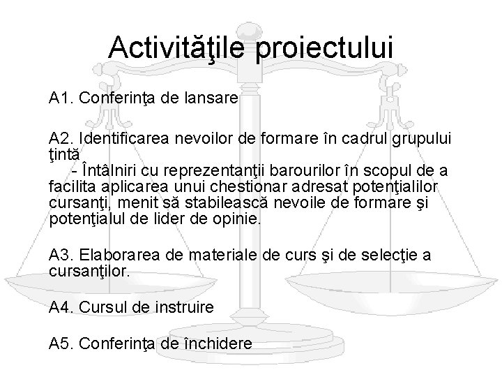 Activităţile proiectului A 1. Conferinţa de lansare A 2. Identificarea nevoilor de formare în Activităţile proiectului A 1. Conferinţa de lansare A 2. Identificarea nevoilor de formare în
