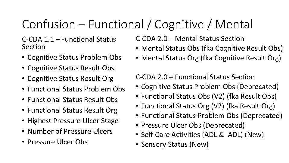 Confusion – Functional / Cognitive / Mental C-CDA 1. 1 – Functional Status Section