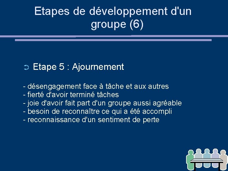Etapes de développement d'un groupe (6) ➲ Etape 5 : Ajournement - désengagement face