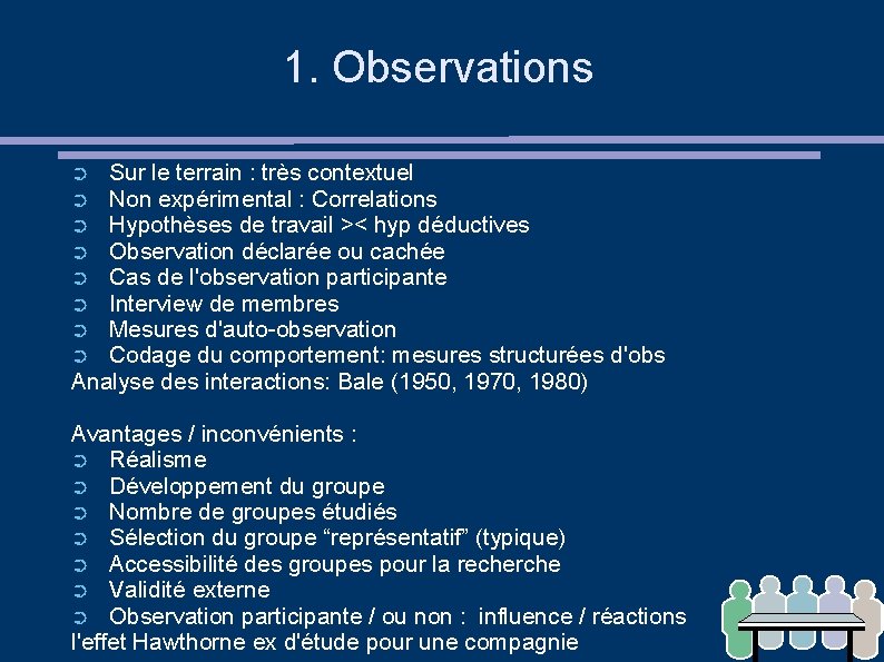 1. Observations Sur le terrain : très contextuel Non expérimental : Correlations Hypothèses de