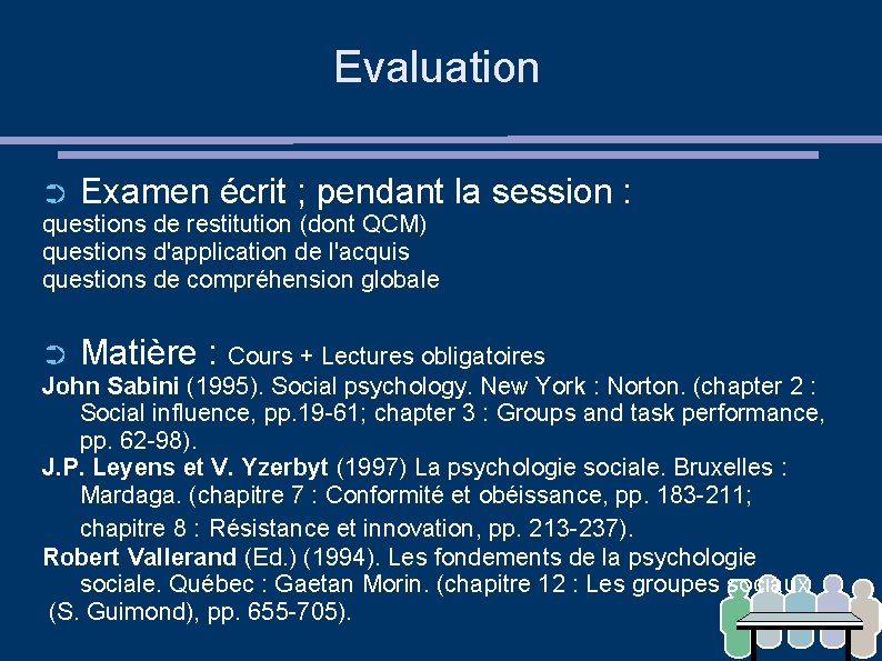 Evaluation ➲ Examen écrit ; pendant la session : questions de restitution (dont QCM)