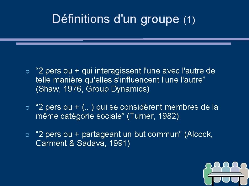 Définitions d'un groupe (1) ➲ ➲ ➲ “ 2 pers ou + qui interagissent
