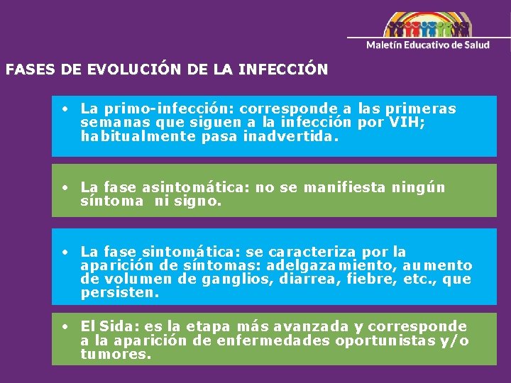 FASES DE EVOLUCIÓN DE LA INFECCIÓN • La primo-infección: corresponde a las primeras semanas