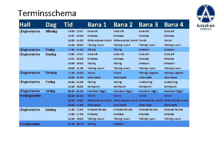 Terminsschema Hall Dag Långbrohallen Måndag Tisdag Onsdag Torsdag Fredag Lördag Långbrohallen Långbrohallen Bredängsbadet Långbrohallen