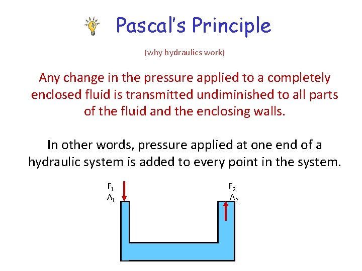Pascal’s Principle (why hydraulics work) Any change in the pressure applied to a completely