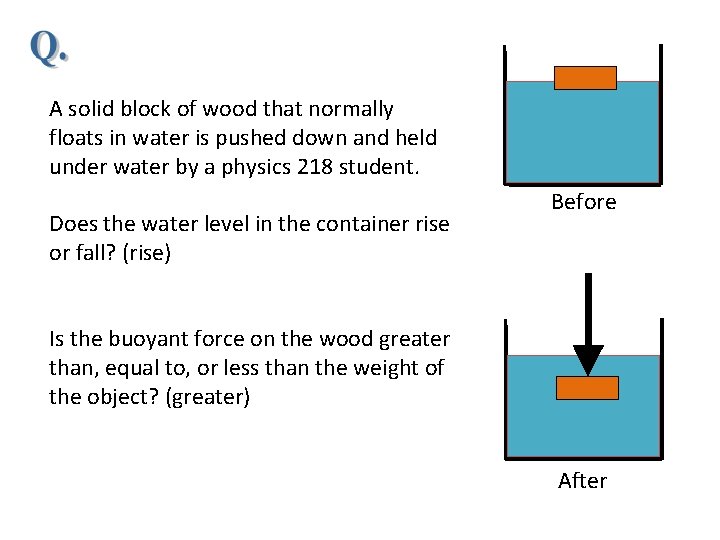 A solid block of wood that normally floats in water is pushed down and