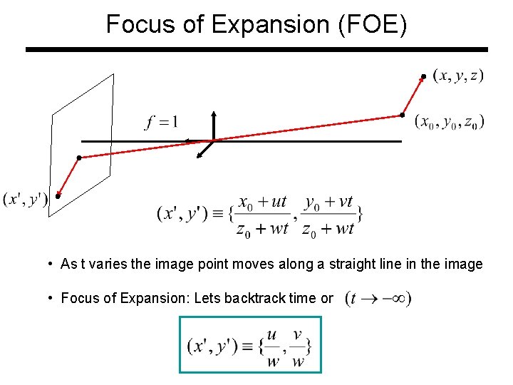 Focus of Expansion (FOE) • As t varies the image point moves along a Focus of Expansion (FOE) • As t varies the image point moves along a