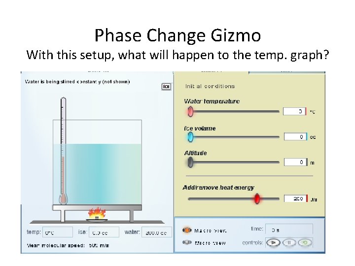 Phase Change Gizmo With this setup, what will happen to the temp. graph? 