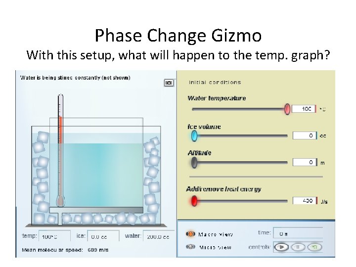 Phase Change Gizmo With this setup, what will happen to the temp. graph? 