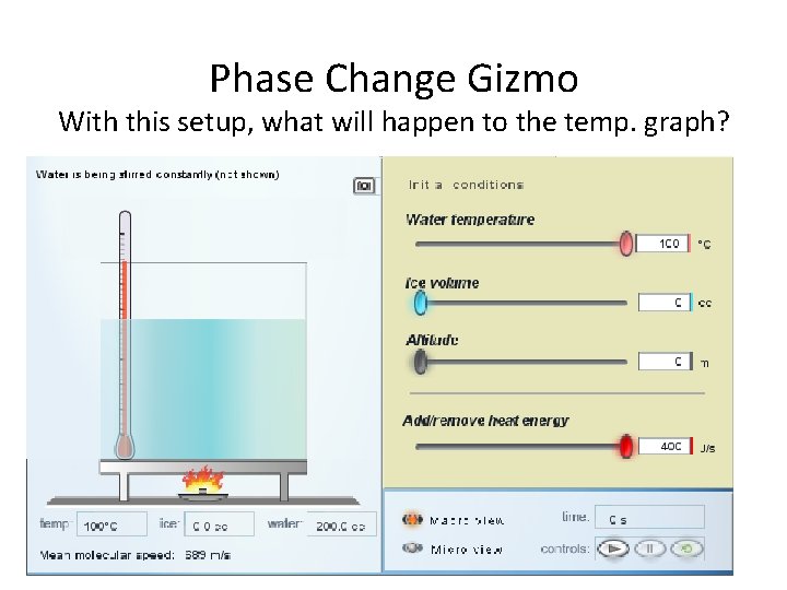 Phase Change Gizmo With this setup, what will happen to the temp. graph? 