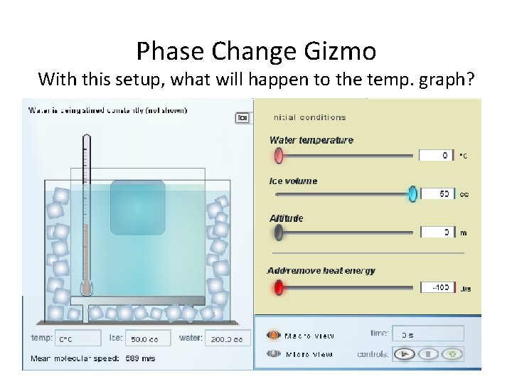 Phase Change Gizmo With this setup, what will happen to the temp. graph? 