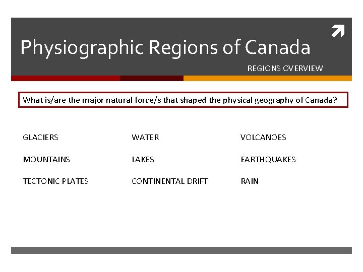 Physiographic Regions of Canada REGIONS OVERVIEW What is/are the major natural force/s that shaped