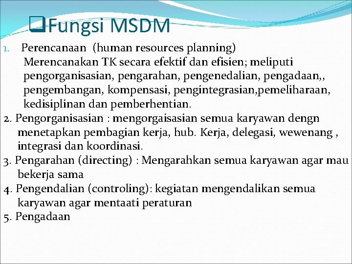 q. Fungsi MSDM 1. Perencanaan (human resources planning) Merencanakan TK secara efektif dan efisien;
