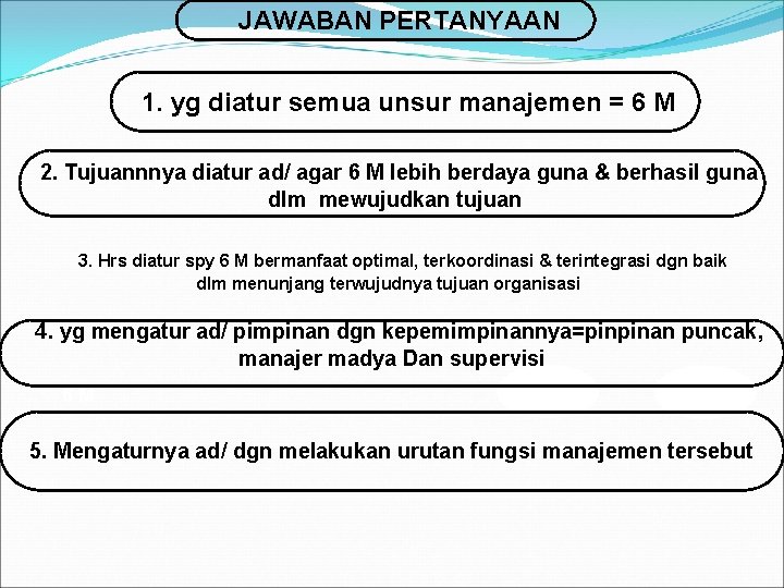 JAWABAN PERTANYAAN 1. yg diatur semua unsur manajemen = 6 M 2. Tujuannnya diatur