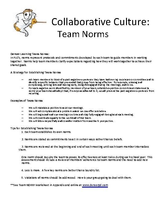  Collaborative Culture: Team Norms Denver Learning Team Norms: In PLC’s, norms represent protocols