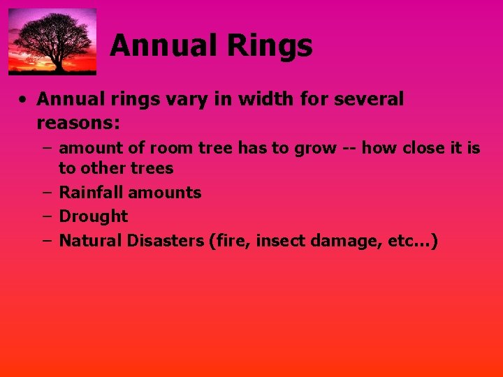 Annual Rings • Annual rings vary in width for several reasons: – amount of