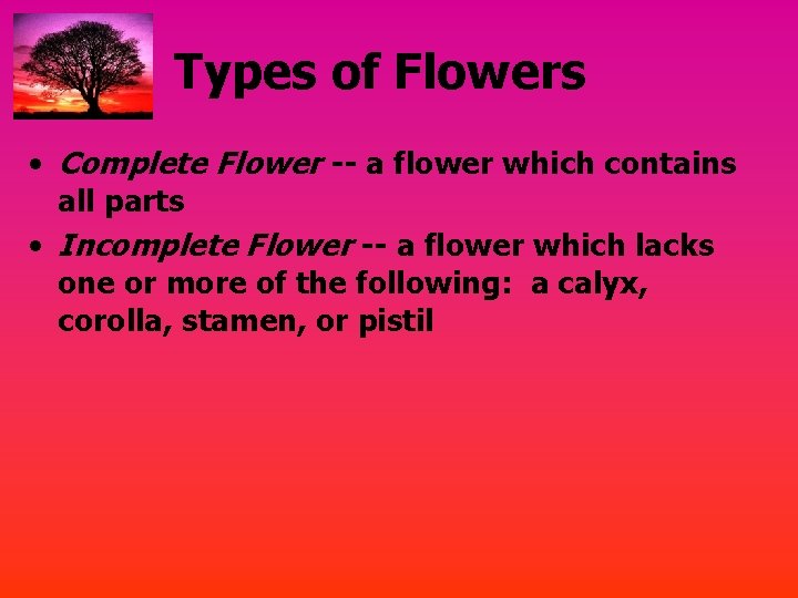 Types of Flowers • Complete Flower -- a flower which contains all parts •