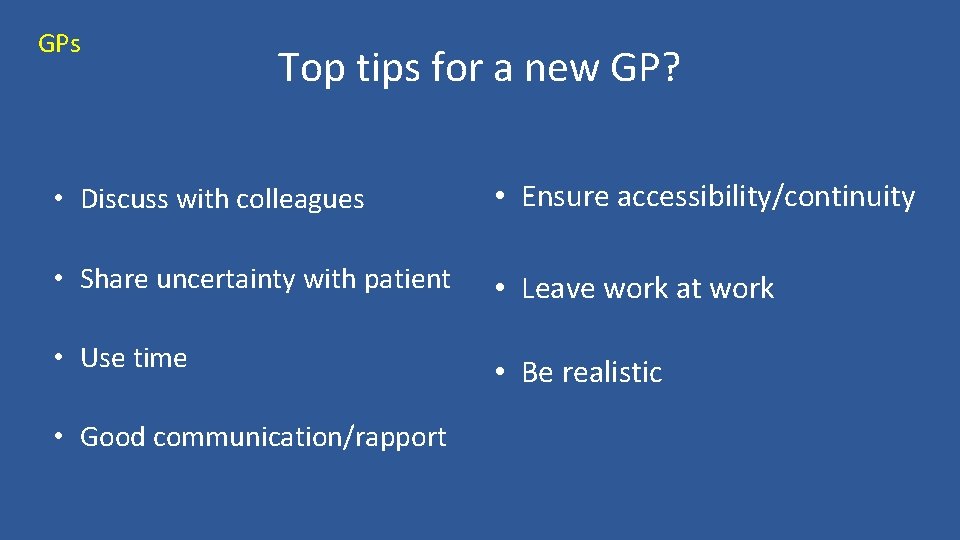 GPs Top tips for a new GP? • Discuss with colleagues • Ensure accessibility/continuity