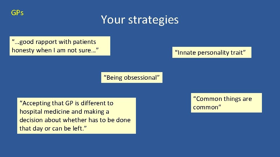 GPs Your strategies “…good rapport with patients honesty when I am not sure…” “Innate