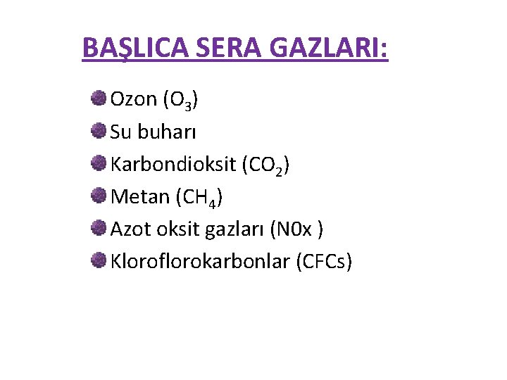 BAŞLICA SERA GAZLARI: Ozon (O 3) Su buharı Karbondioksit (CO 2) Metan (CH 4)
