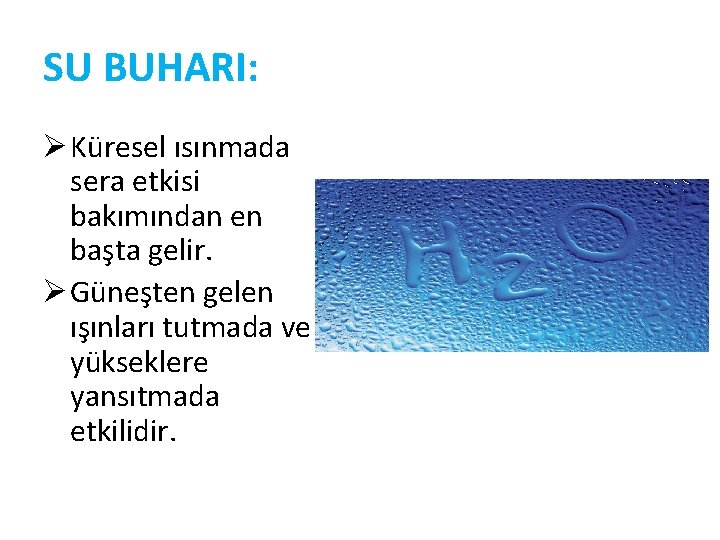SU BUHARI: Ø Küresel ısınmada sera etkisi bakımından en başta gelir. Ø Güneşten gelen