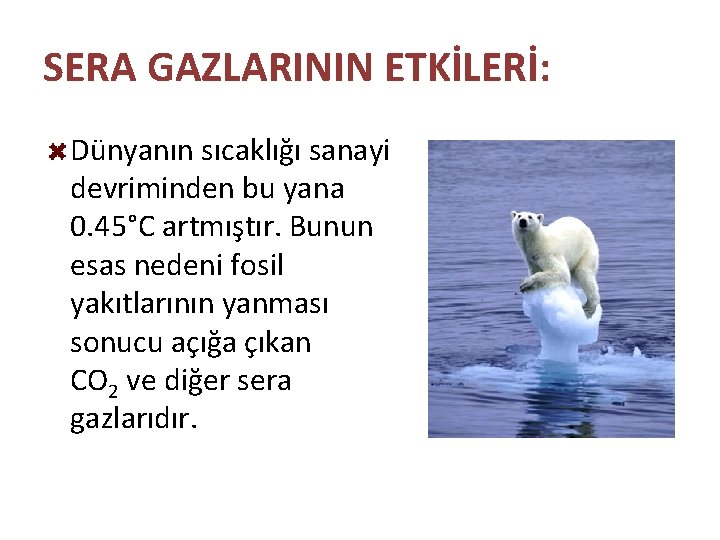 SERA GAZLARININ ETKİLERİ: Dünyanın sıcaklığı sanayi devriminden bu yana 0. 45°C artmıştır. Bunun esas