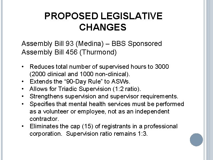 PROPOSED LEGISLATIVE CHANGES Assembly Bill 93 (Medina) – BBS Sponsored Assembly Bill 456 (Thurmond)