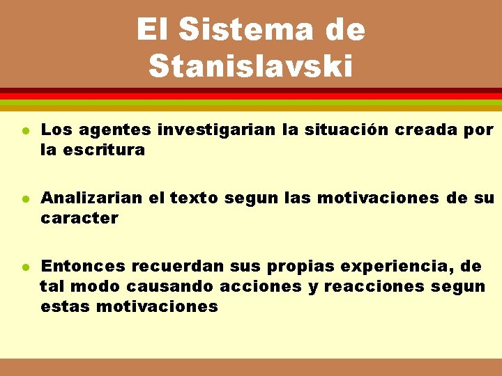 El Sistema de Stanislavski l l l Los agentes investigarian la situación creada por El Sistema de Stanislavski l l l Los agentes investigarian la situación creada por