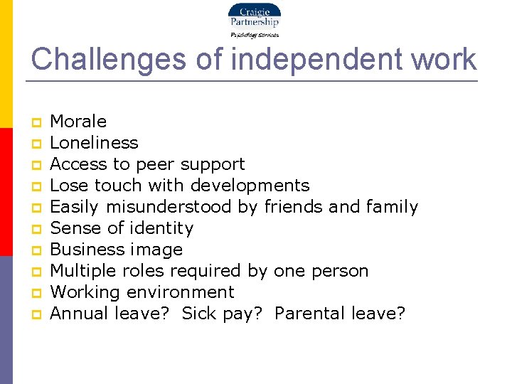 Challenges of independent work Morale Loneliness Access to peer support Lose touch with developments