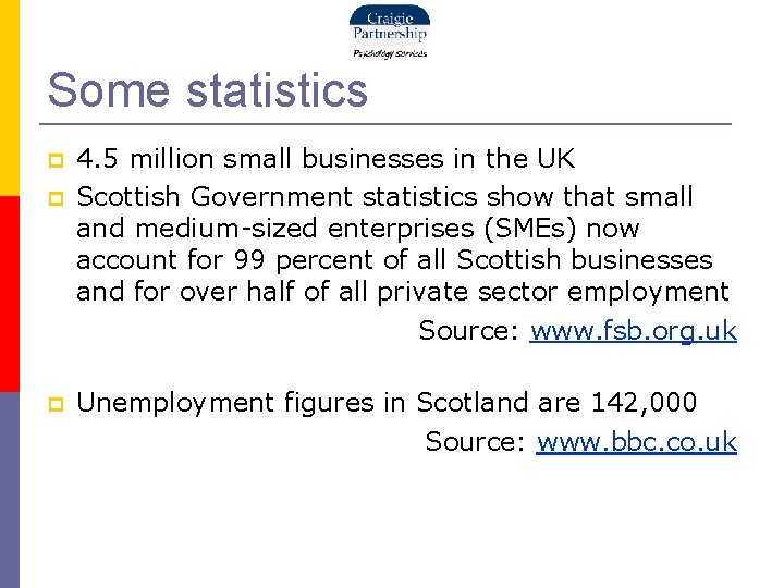 Some statistics 4. 5 million small businesses in the UK Scottish Government statistics show