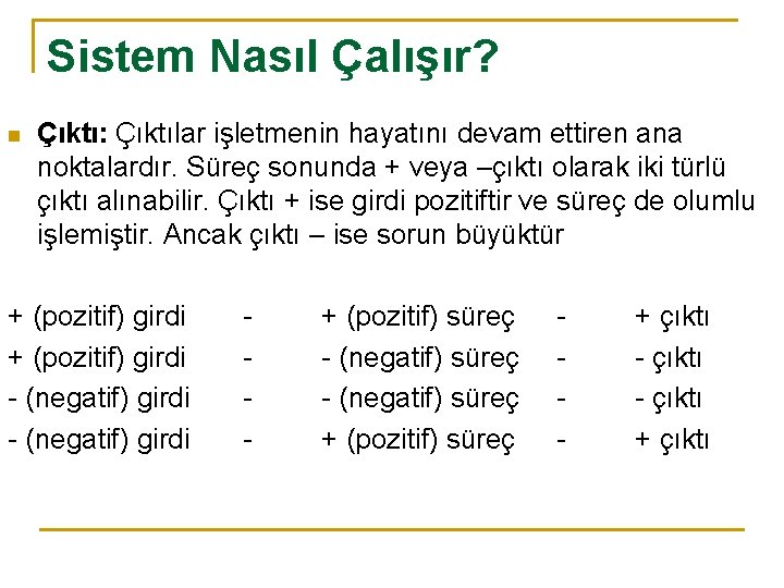 Sistem Nasıl Çalışır? n Çıktı: Çıktılar işletmenin hayatını devam ettiren ana noktalardır. Süreç sonunda