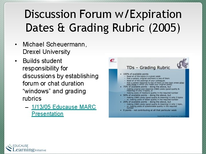 Discussion Forum w/Expiration Dates & Grading Rubric (2005) • Michael Scheuermann, Drexel University •