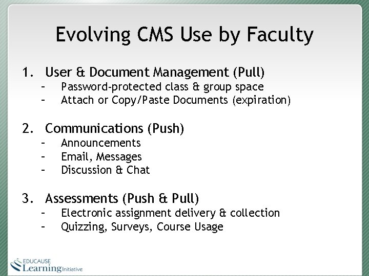 Evolving CMS Use by Faculty 1. User & Document Management (Pull) – – Password-protected
