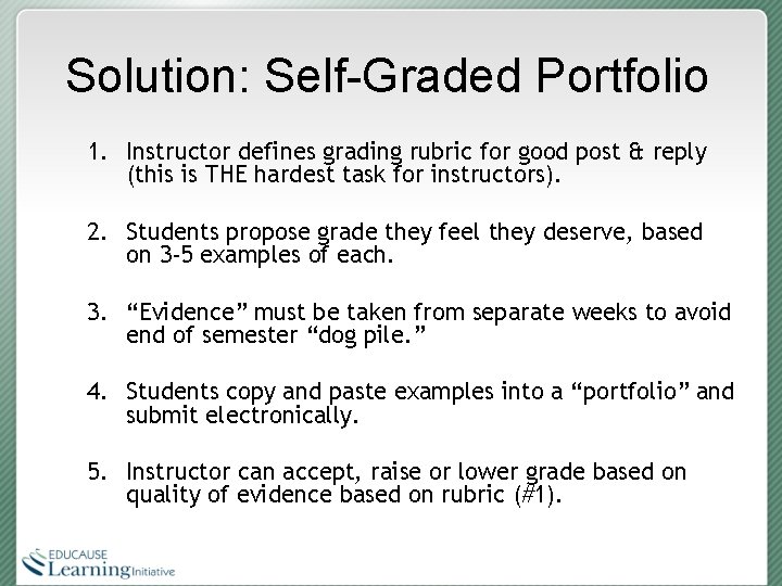 Solution: Self-Graded Portfolio 1. Instructor defines grading rubric for good post & reply (this