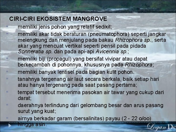 CIRI-CIRI EKOSISTEM MANGROVE memiliki jenis pohon yang relatif sedikit; memiliki akar tidak beraturan (pneumatophora)