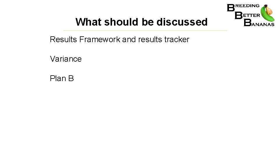 What should be discussed Results Framework and results tracker Variance Plan B 