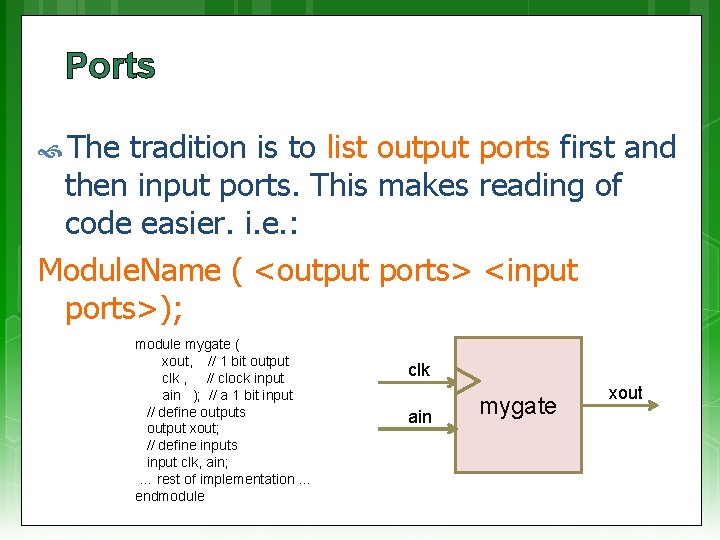 Ports The tradition is to list output ports first and then input ports. This