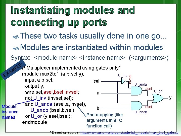 Instantiating modules and connecting up ports These two tasks usually done in one go…