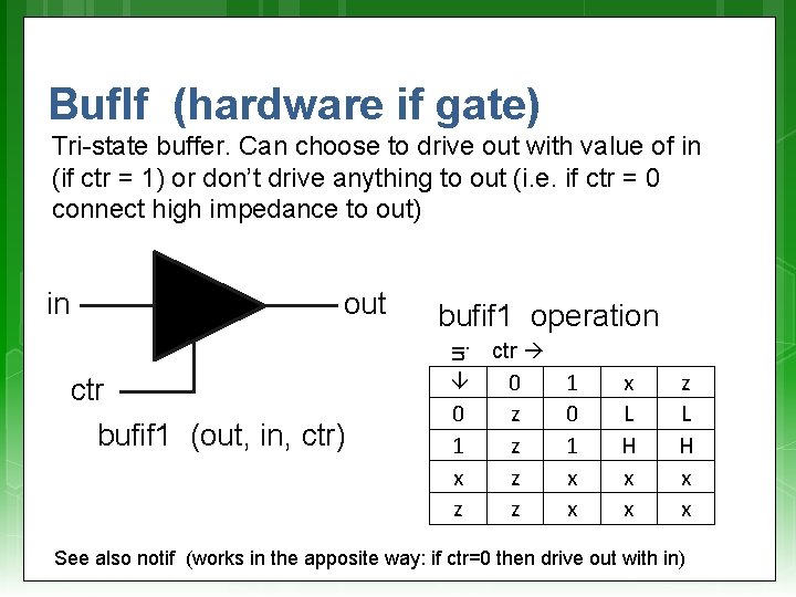 Buf. If (hardware if gate) Tri-state buffer. Can choose to drive out with value