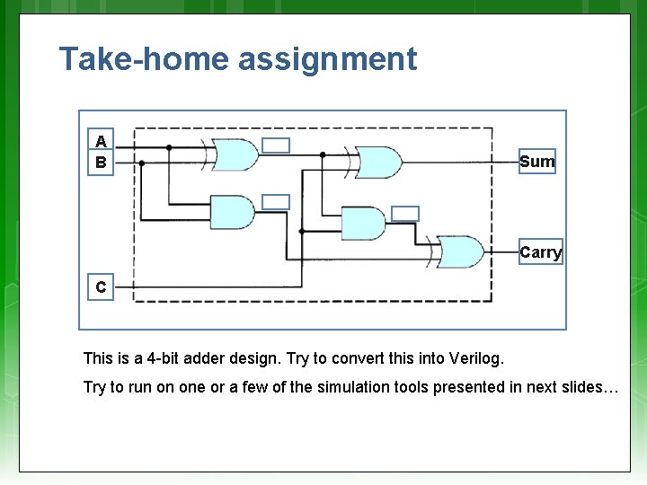 Take-home assignment A B Sum Carry C This is a 4 -bit adder design.