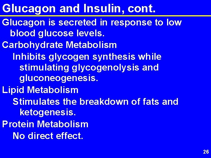 Glucagon and Insulin, cont. Glucagon is secreted in response to low blood glucose levels.