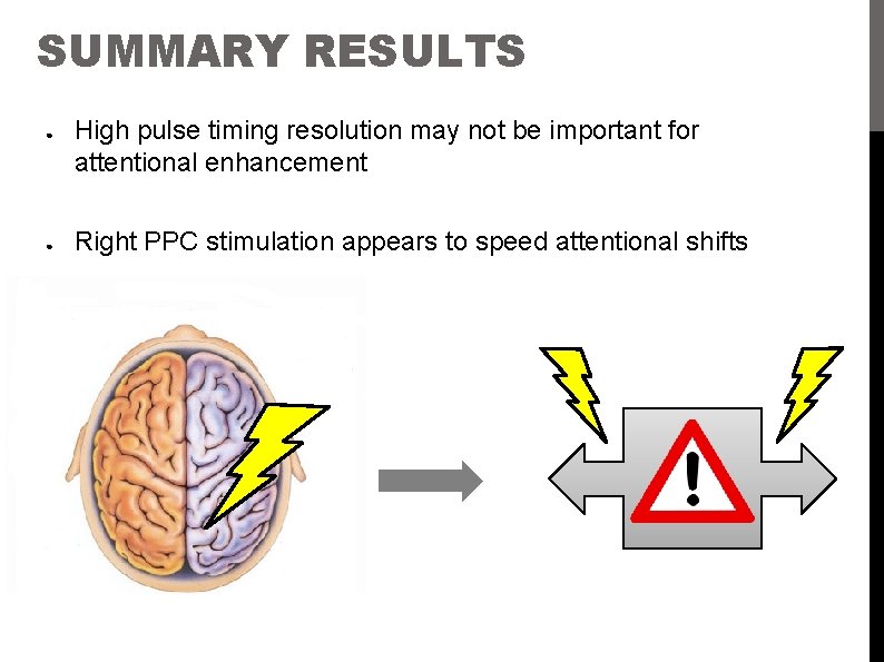 SUMMARY RESULTS ● ● High pulse timing resolution may not be important for attentional