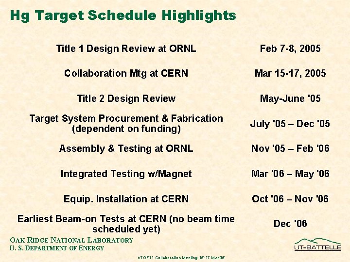 Hg Target Schedule Highlights Title 1 Design Review at ORNL Feb 7 -8, 2005