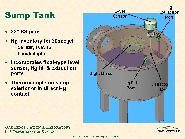 Sump Tank Level Sensor Hg Extraction Port · 22" SS pipe · Hg inventory