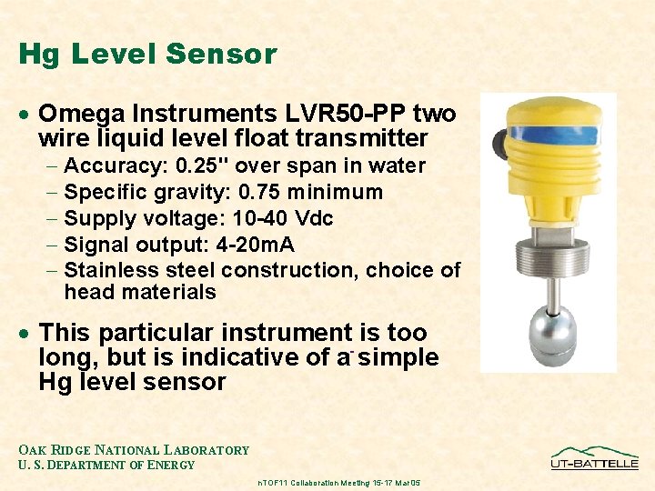 Hg Level Sensor · Omega Instruments LVR 50 -PP two wire liquid level float