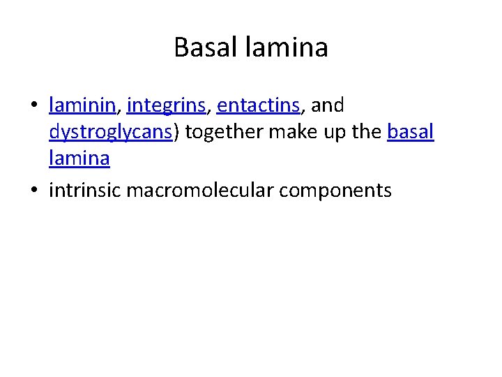 Basal lamina • laminin, integrins, entactins, and dystroglycans) together make up the basal lamina